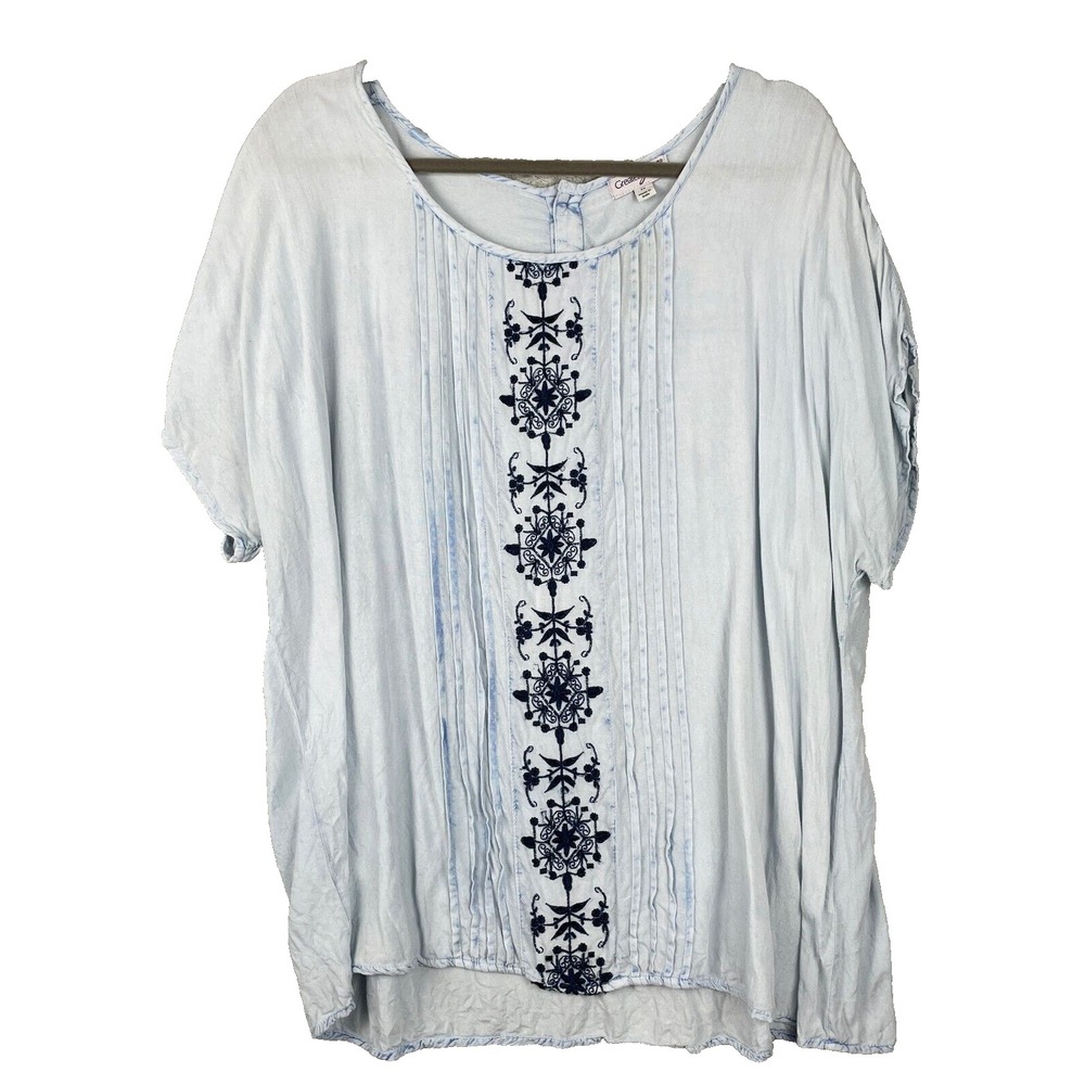 Greater Good Top Womens 2X Blue Embroidered BOHO Peaseant Pintucked Short Sleeve